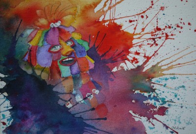 Aquarellbild einer bunten Fasnachtsgestalt